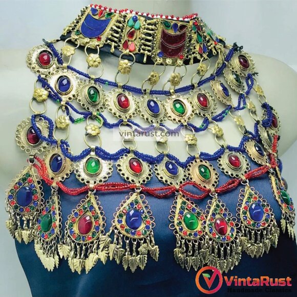 Multicolor Big Unique Choker Necklace, Old Kuchi Afghan Choker Necklace - Picture 2 of 12